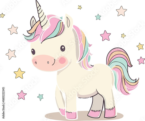Adorable cartoon unicorn with a rainbow mane and tail surrounded by sparkling stars
