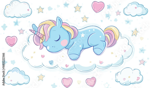 Cute blue unicorn sleeping peacefully on a fluffy cloud surrounded by stars and hearts