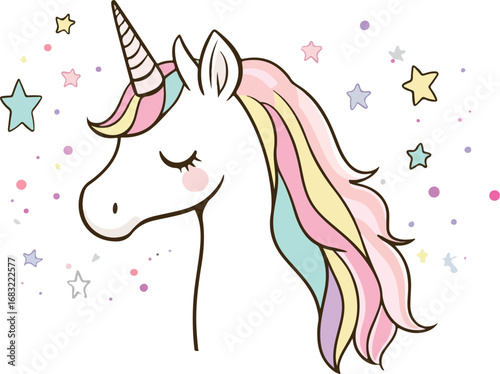 Whimsical hand drawn unicorn head with colorful mane and sparkling stars illustration