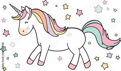Charming hand drawn unicorn with a rainbow mane and tail surrounded by stars