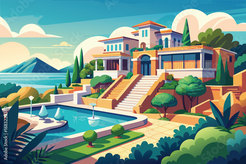 A vibrant, stylized illustration of a stunning Mediterranean villa nestled on a hillside overlooking the ocean.