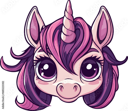 Adorable cartoon unicorn with large sparkling eyes and flowing pink and purple mane
