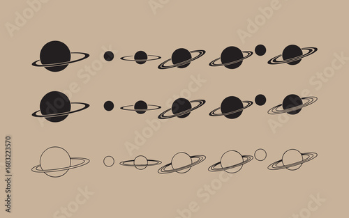 Stylized planets and rings in a cosmic pattern