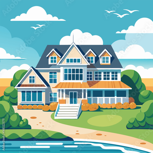 A charming illustration of a large, light beige-colored home with a covered porch, situated near a body of water, likely a lake or ocean.