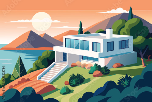 This vibrant illustration depicts a modern, white villa perched on a hillside overlooking a serene coastal landscape at sunset.
