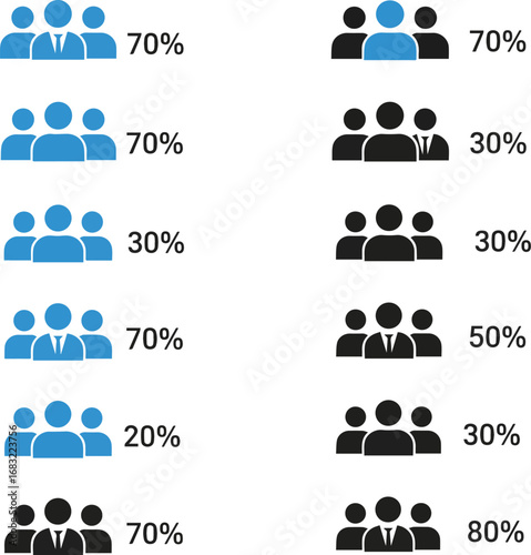 Create a kinds of People percentages infographics. Population infographic showing data with colored human icons. Blue and black figures percent ratios of demographics chart with human person signs vec