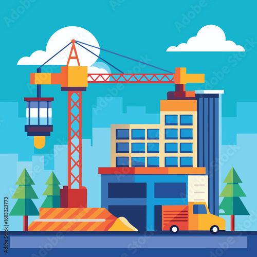 A vibrant, flat-design illustration showcasing a bustling urban construction site.