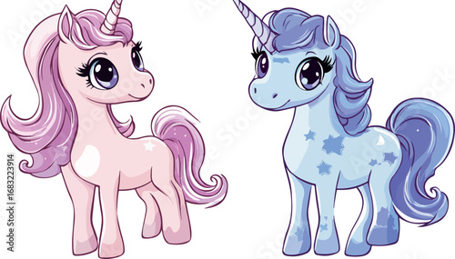 Two cute cartoon unicorns one pink and one blue with sparkling eyes and flowing manes