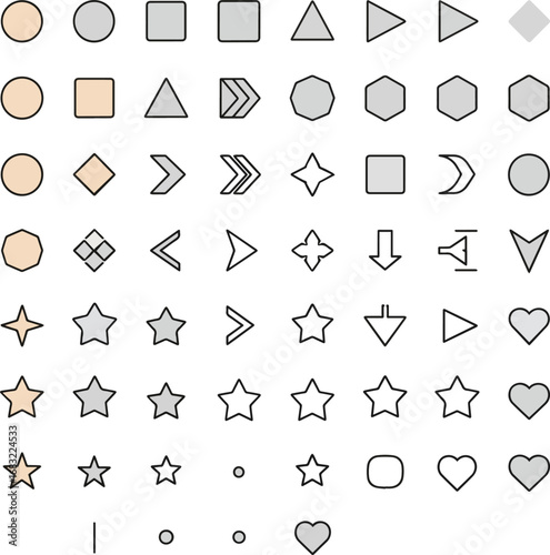 Create a kinds of Bullet points. List icon set with geometric shapes, arrows, stars, hearts in outline style. Minimal user interface elements for apps, websites, infographics bullet point vector art 