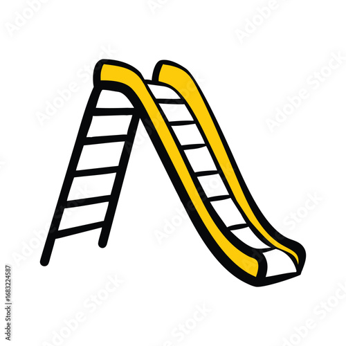Yellow playground slide with black ladder on white