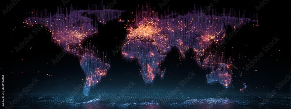 Fototapeta premium Holographic World Map Visualizing Global Data Patterns with Glowing Elements and Mysterious Atmosphere