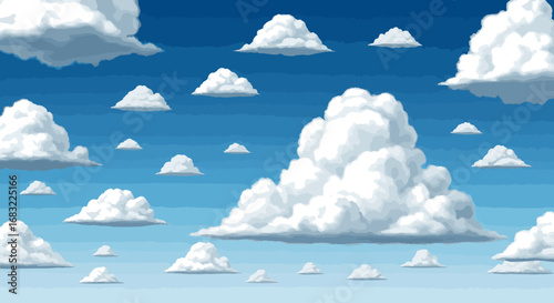 Create a kinds of deferent Blue sky cloud. 3D white cumulus clouds floating in blue summer sky. Cloudy weather background. Vector art .