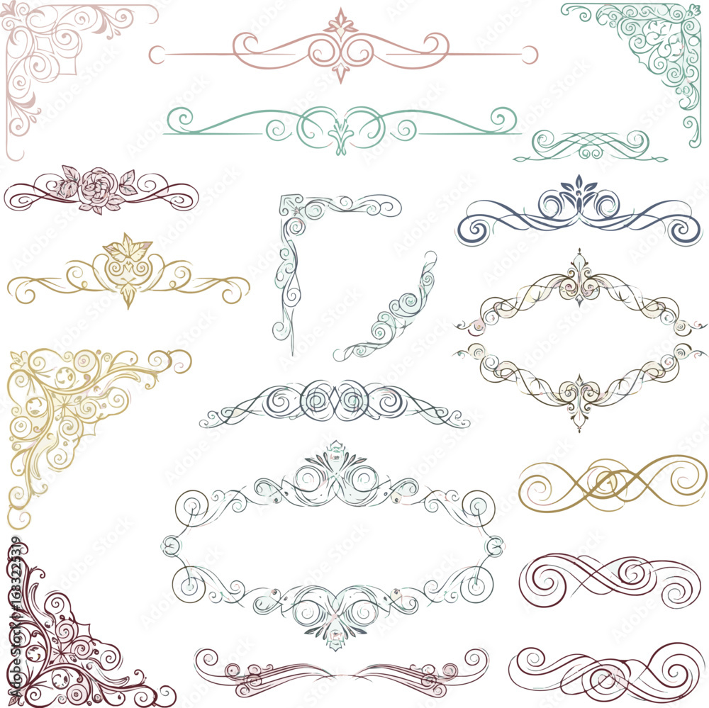 Create a kinds of deferent Calligraphy dividers. Decorative text borders and flourish swirls, elegant romantic curves for wedding invitation card and greeting message. vector art color . Create a kinds of deferent Calligraphy dividers. Decorative text borders and flourish swirls, elegant romantic curves for wedding invitation card and greeting message. vector art color .