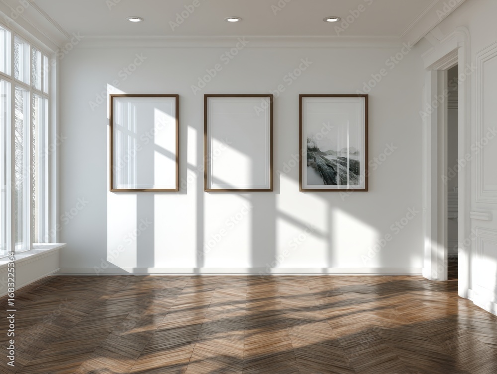 Fototapeta premium A room with three pictures on the wall and a window