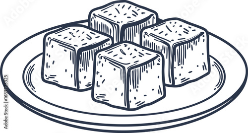 Four sugar cubes on a round plate, hand drawn sketch minimalist sweetener concept, clean white background