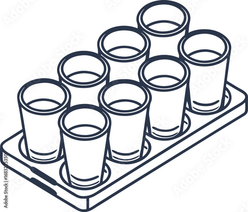 Set of eight empty drinking shot glasses arranged on rectangular tray outline illustration, beverage serving concept