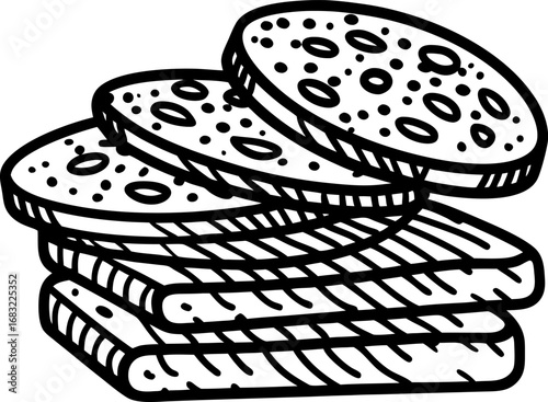 Sliced bread and salami illustration hand drawn sandwich ingredients, deli meat and bakery food sketch