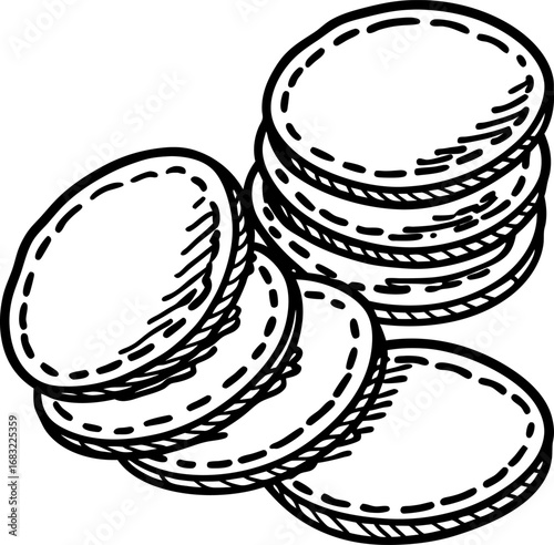 Pile of round coins in simple black outline hand drawn sketch of currency, financial wealth and monetary savings