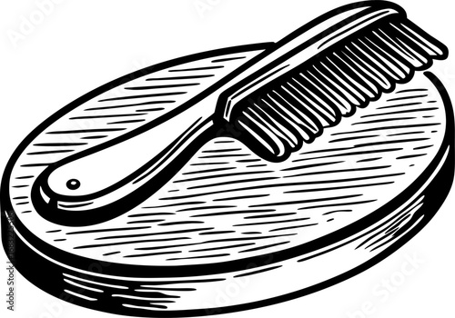 Wooden oval hairbrush and matching oval tray hand drawn vintage grooming accessory illustration, black and white