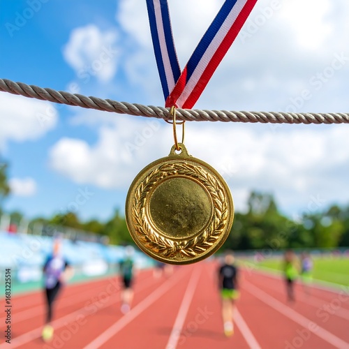Gold medal hangs over a blurry running track