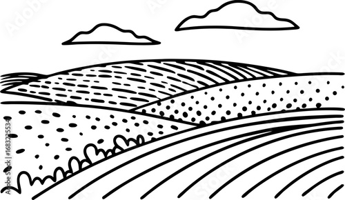 Rolling countryside fields with hills and clouds, simple black outline rural landscape illustration