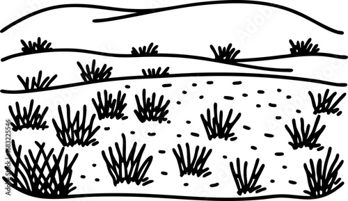 Sparse dry desert landscape with scattered shrubs and distant hills minimal vegetation in arid terrain