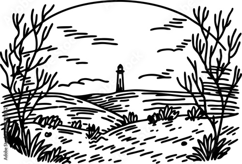 Lighthouse on distant hill, minimalist landscape line art coastal nature, tranquil scene with bushes and sky
