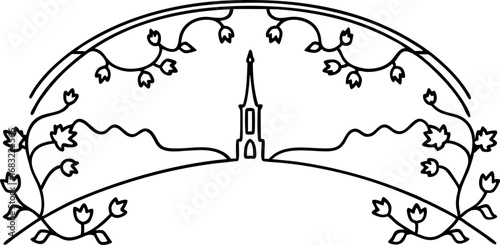 Church steeple on hill with floral arch, outline drawing minimalist spring landscape with blooming branches