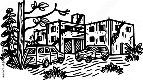 Suburban residential building sketch with parked cars hand drawn urban housing, apartment complex illustration