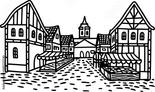Medieval village marketplace illustration old european houses, empty stalls, cobblestone street, historical architecture