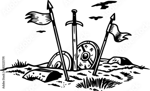 Viking sword, shields and spears on battlefield ground medieval warfare concept with banners, weapons, landscape