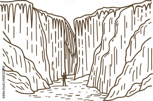 Majestic canyon cliffs illustration with lone hiker deep gorge, rugged landscape, nature adventure and exploration