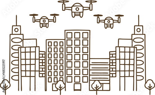 Smart city skyline with delivery drones flying above modern urban buildings futuristic transportation concept