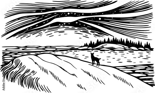 Dog standing on coastal dune under starry night sky sea waves, island forest, tranquil wilderness illustration