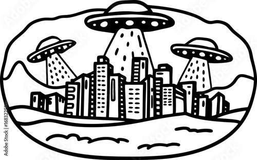 Ufos hovering and beaming lights over city skyline extraterrestrial spacecraft invasion with urban buildings at night