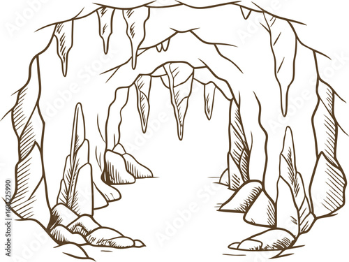 Underground cave interior with stalactites and stalagmites, hand drawn line art illustration of natural cavern