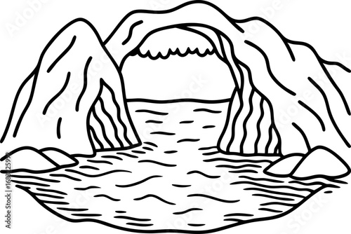 Natural rock arch over coastal water, hand drawn line illustration of sea cave landscape formation