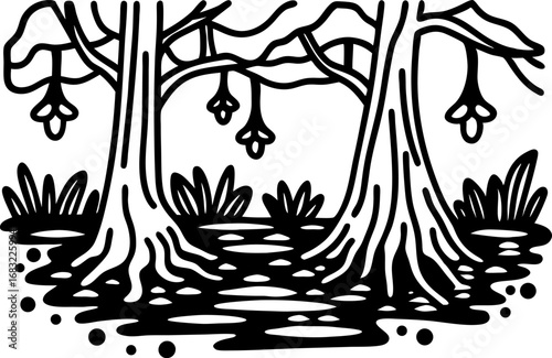 Outlined swamp forest trees and water, black and white  illustration wetland landscape with vegetation, reflection