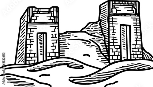 Ancient stone towers with mountain landscape hand drawn historic architecture, monochrome outline illustration