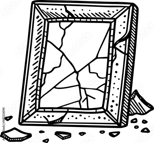 Broken empty frame with shattered glass damaged, cracked, black and white illustration of destruction