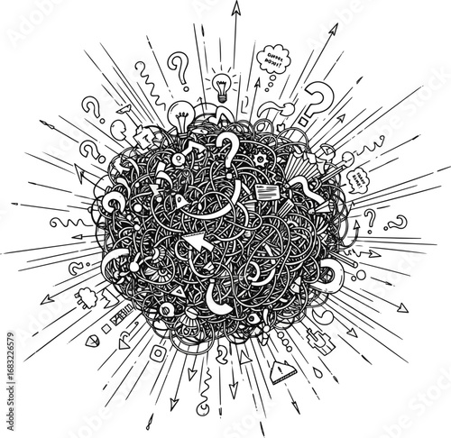 reate a kinds of deferent Doodle clew. Chaos lines, hand drawing tangled clew, insane mess scribble, confused brain thinking doodle, clutter complicated concept. Squiggles and scrawl vector art.