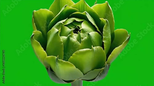 Fresh Green Artichoke Bud Unfolding its Leaves in a Beautiful Blooming Time-Lapse on Green Screen