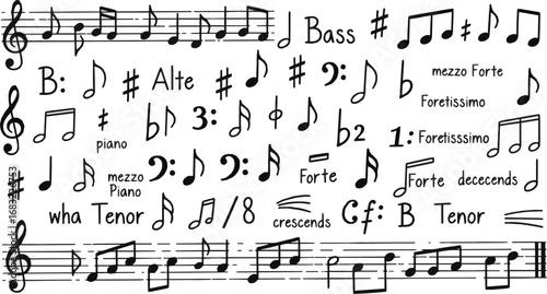 Create a kinds of deferent Doodle musical notes and symbols for melody, rhythm and composition. Clef, sharp, flat, rest and dynamics, accidentals sound hand drawn design musical elements. vector art w