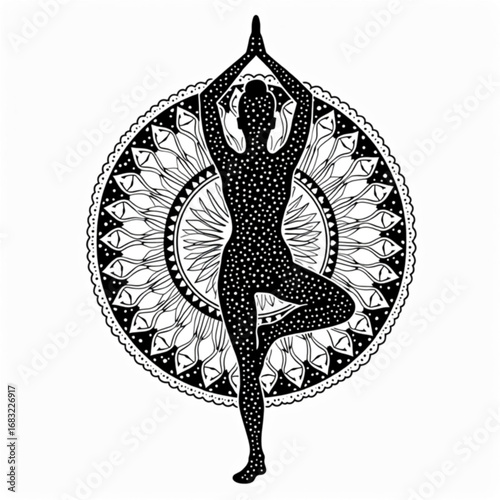 Inner Peace Through Yoga: A person strikes a yoga pose within a circle decorated in an intricate pattern, highlighting the profound connection between mind and body. 