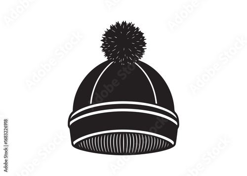Bobble beanie silhouette black vector design, winter woolen hat icon isolated on white.
