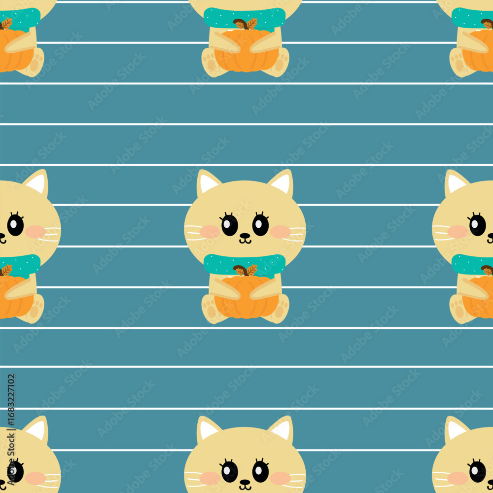 custom made wallpaper toronto digitalSeamless pattern cartoon cute kitten wearing a blue scarf holding a pumpkin with autumn vibes. cute autumn fall wallpaper for fabric print, gift wrapper