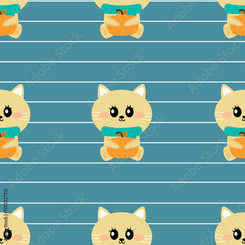 Seamless pattern cartoon cute kitten wearing a blue scarf holding a pumpkin with autumn vibes. cute autumn fall wallpaper for fabric print, gift wrapper