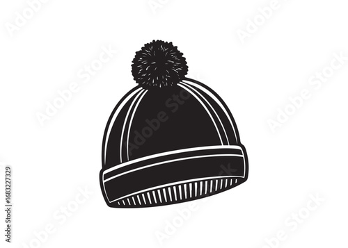Winter beanie silhouette icon, bobble hat vector design for seasonal fashion and cold weather clothing.