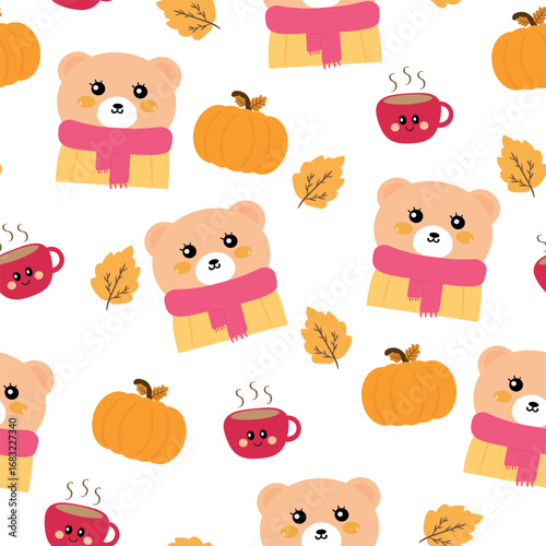 Wallpaper Mural Seamless pattern cartoon cute bear wearing a pink scarf with white background with autumn vibes. cute autumn fall wallpaper for fabric print, gift wrapper Torontodigital.ca