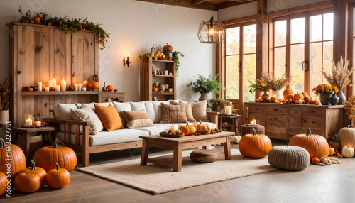 Cozy Autumn Living Room Decor with Pumpkins and Candles